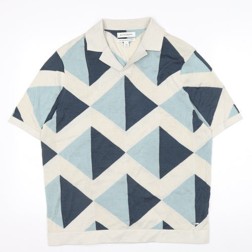 Marks and Spencer Autograph Men's Blue Geometric Cotton Polo L