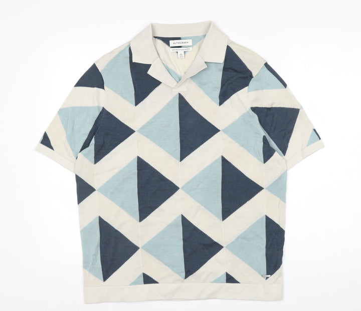 Marks and Spencer Autograph Men's Blue Geometric Cotton Polo L
