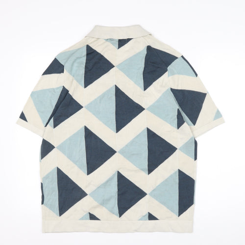 Marks and Spencer Autograph Men's Blue Geometric Cotton Polo L