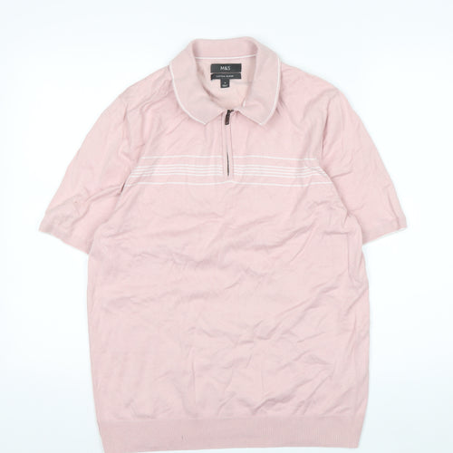 Marks and Spencer Men's Pink Cotton Blend 1/4 Zip Polo M