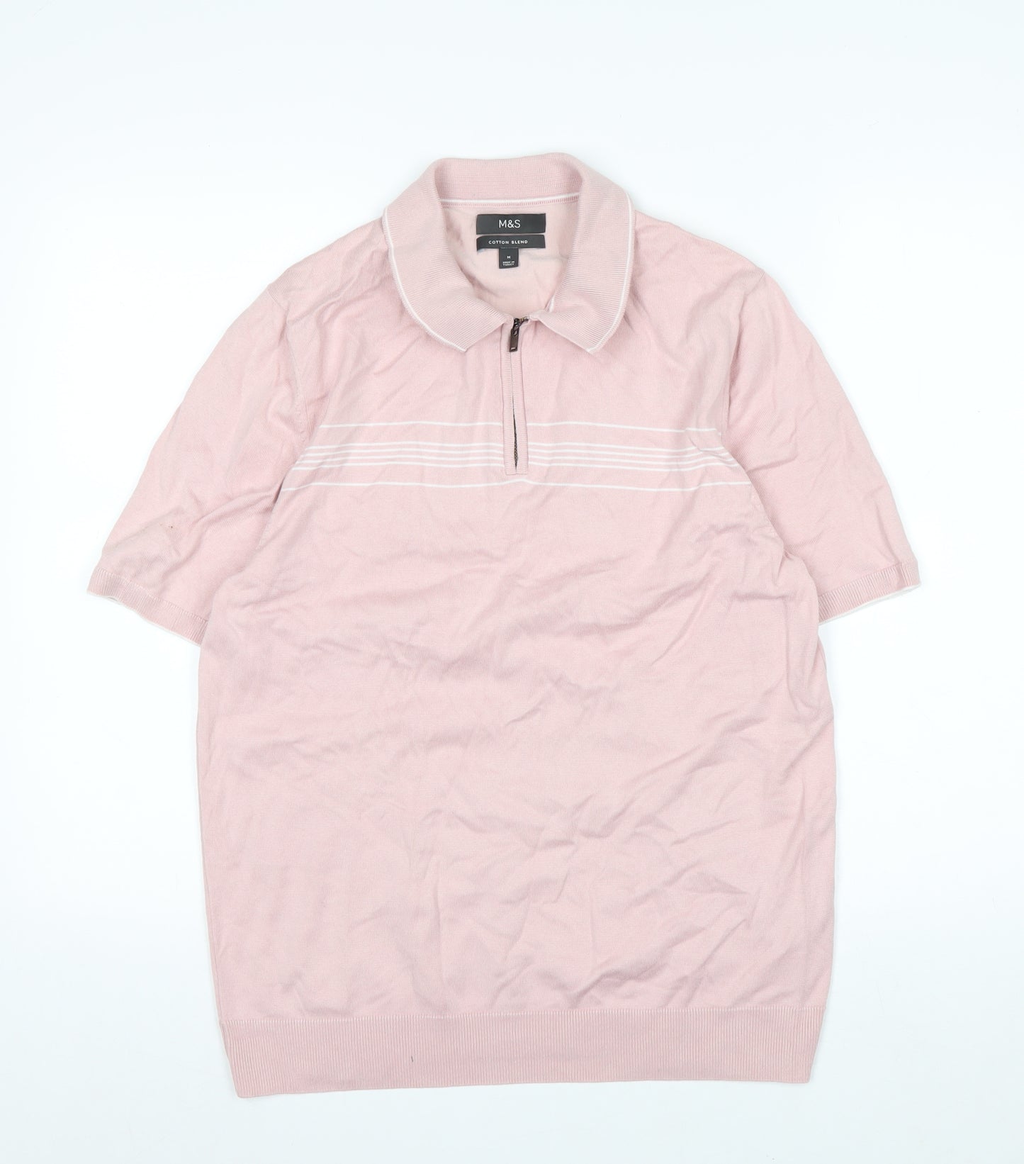 Marks and Spencer Men's Pink Cotton Blend 1/4 Zip Polo M