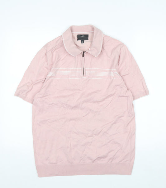 Marks and Spencer Men's Pink Cotton Blend 1/4 Zip Polo M