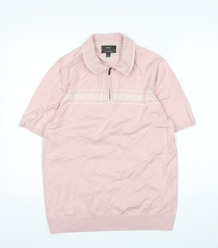 Marks and Spencer Men's Pink Cotton Blend 1/4 Zip Polo M