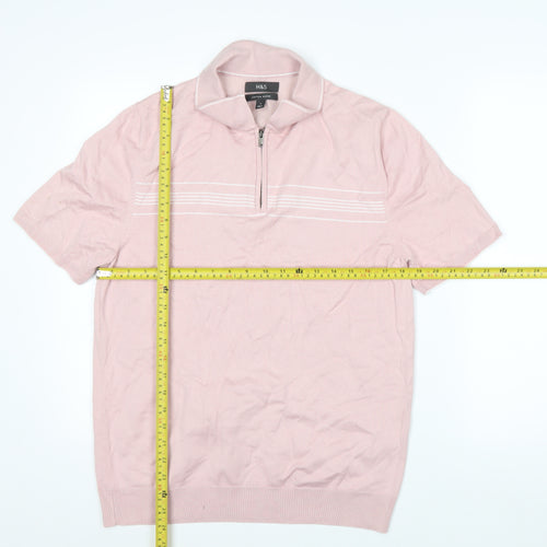 Marks and Spencer Men's Pink Cotton Blend 1/4 Zip Polo M