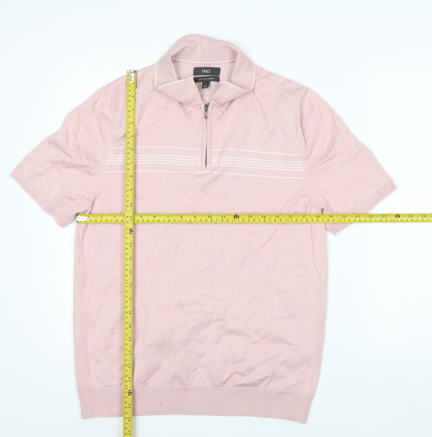 Marks and Spencer Men's Pink Cotton Blend 1/4 Zip Polo M