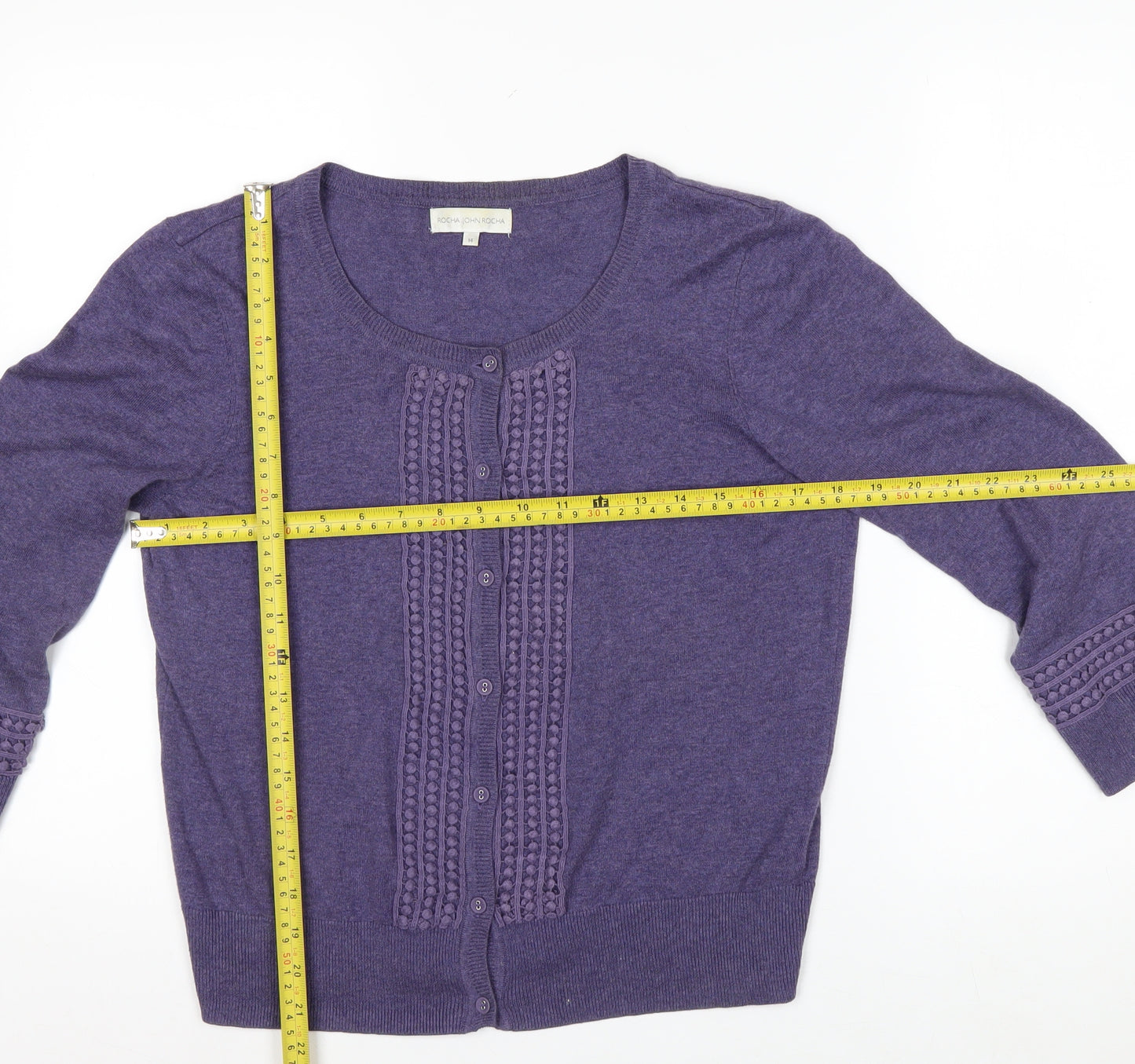 Rocha John Rocha Women Purple Cotton 3/4 Sleeve Cardigan Size 14