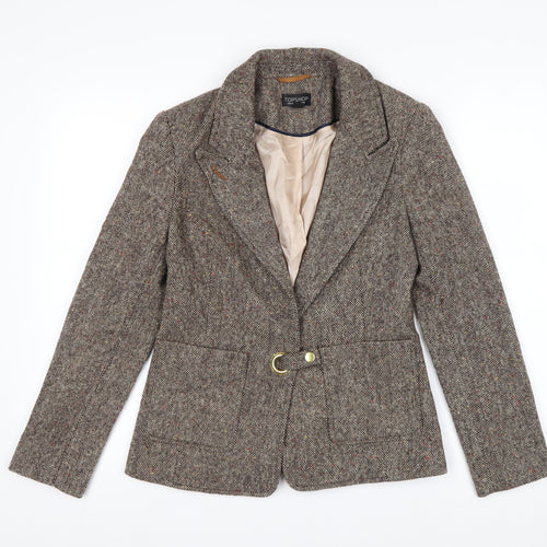 Topshop Women Brown Tweed Wool Blend Blazer UK 8 Classic Single-Breasted Jacket