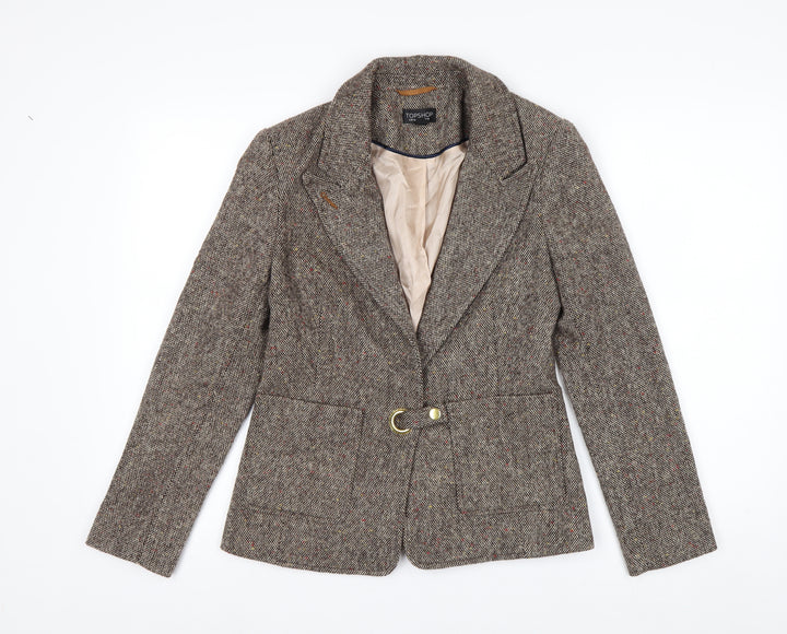 Topshop Women Brown Tweed Wool Blend Blazer UK 8 Classic Single-Breasted Jacket