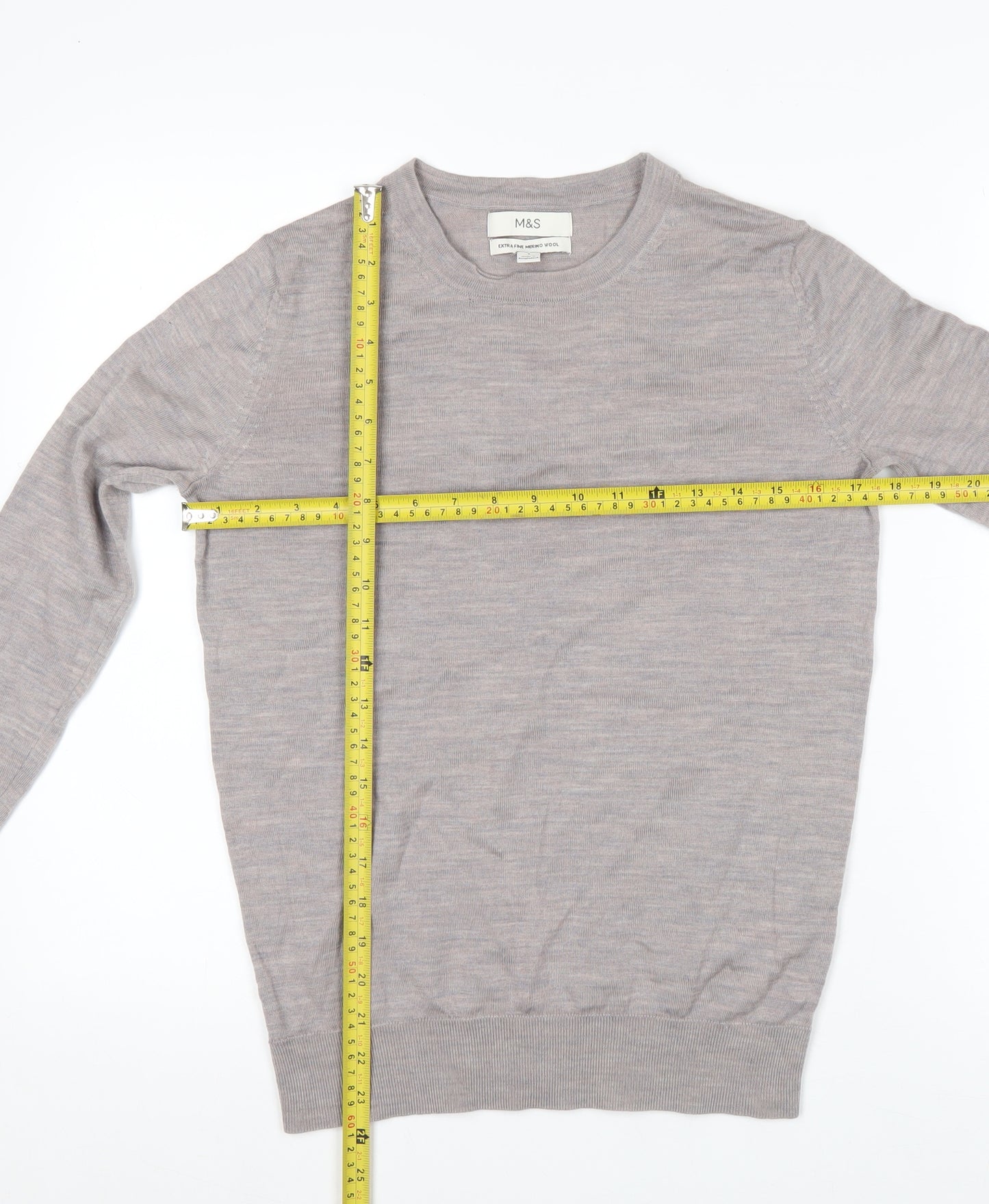 Marks and Spencer Mens Beige Merino Wool Crew Neck Jumper M