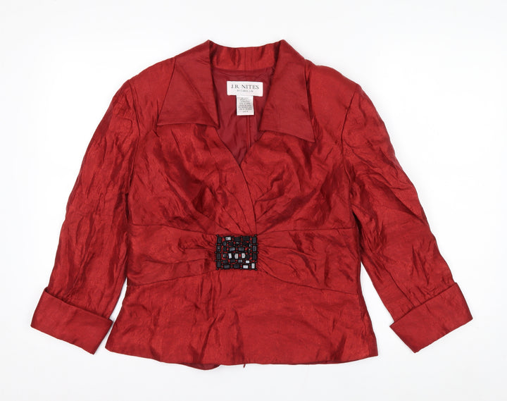 J.R. Nites Womens Red Wrap Blouse Size 12 Beaded Buckle Formal Top