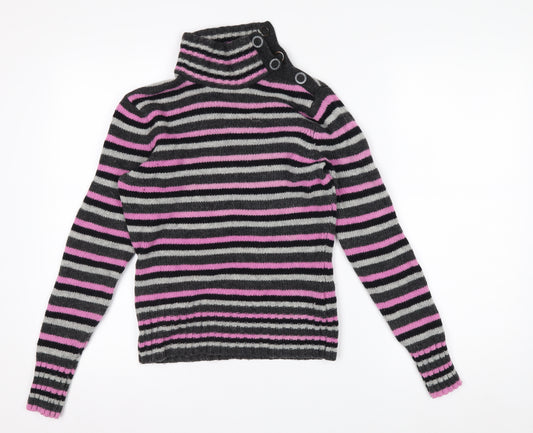 Mexx Women's Grey Pink Striped Roll Neck Wool Blend Jumper Size S