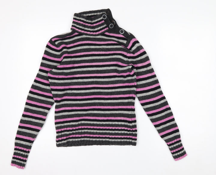 Mexx Women's Grey Pink Striped Roll Neck Wool Blend Jumper Size S
