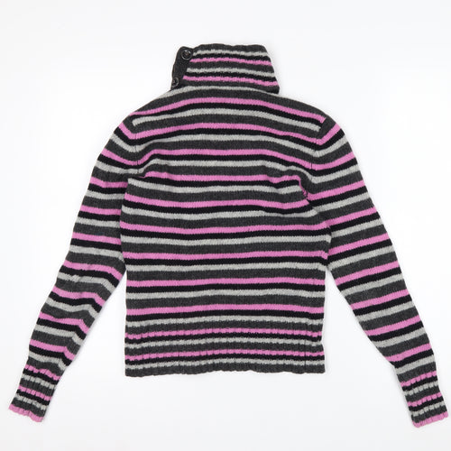 Mexx Women's Grey Pink Striped Roll Neck Wool Blend Jumper Size S