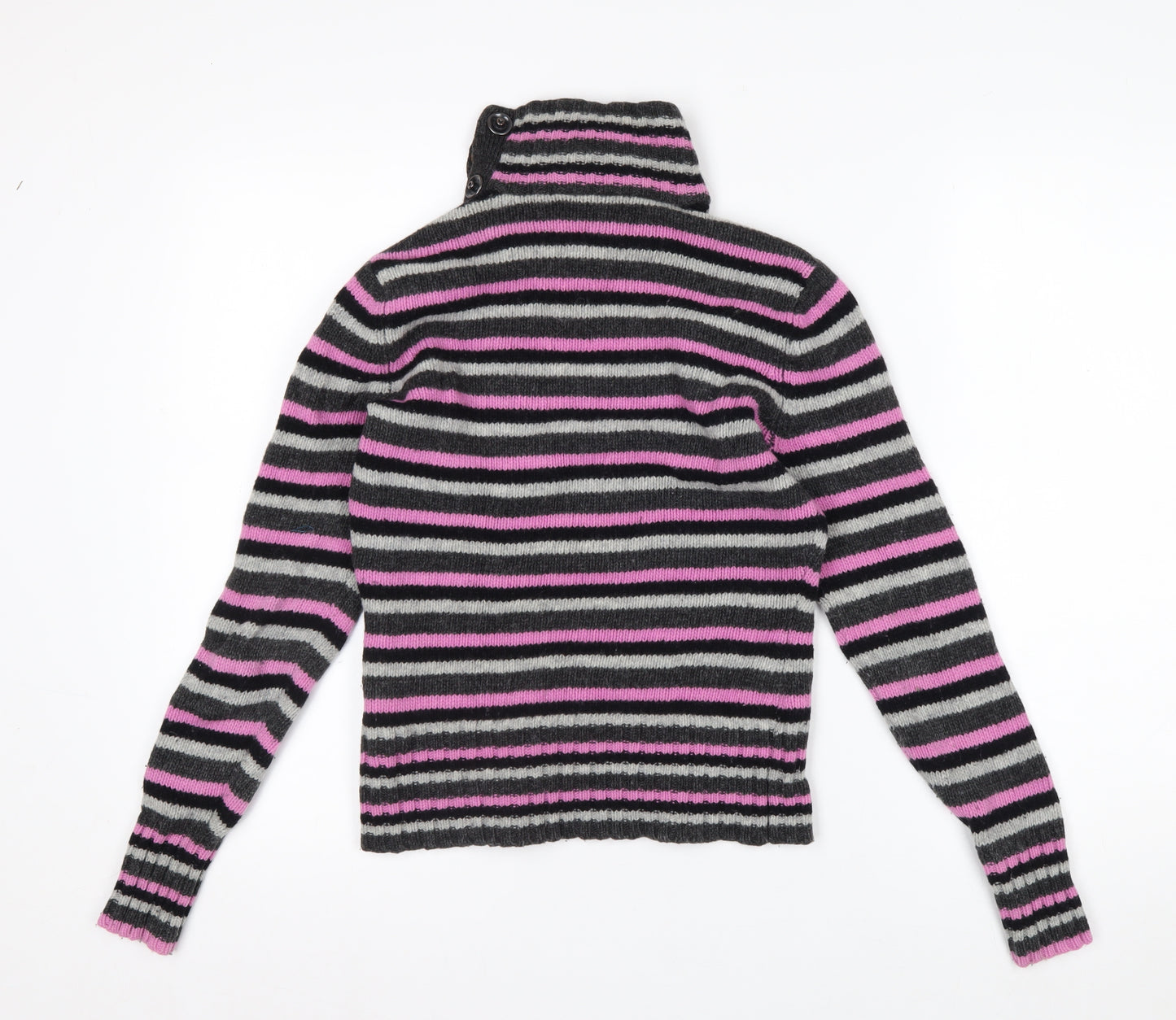 Mexx Women's Grey Pink Striped Roll Neck Wool Blend Jumper Size S