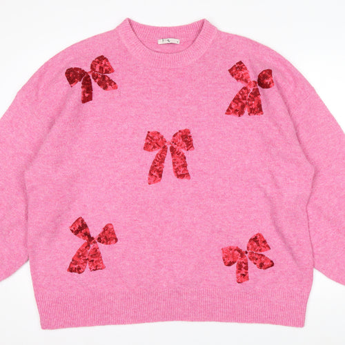 Tu Womens Pink Sequin Bow Knit Jumper Size 18 Crew Neck Pullover