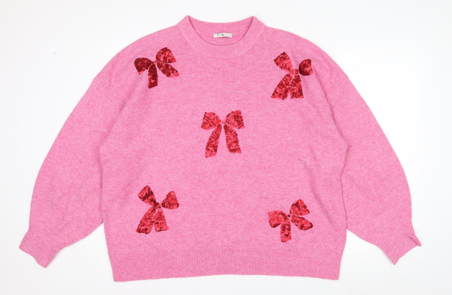 Tu Womens Pink Sequin Bow Knit Jumper Size 18 Crew Neck Pullover