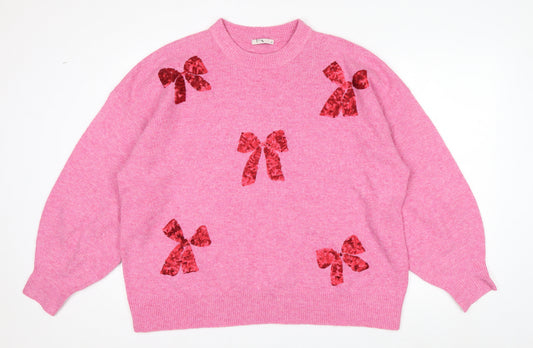 Tu Womens Pink Sequin Bow Knit Jumper Size 18 Crew Neck Pullover