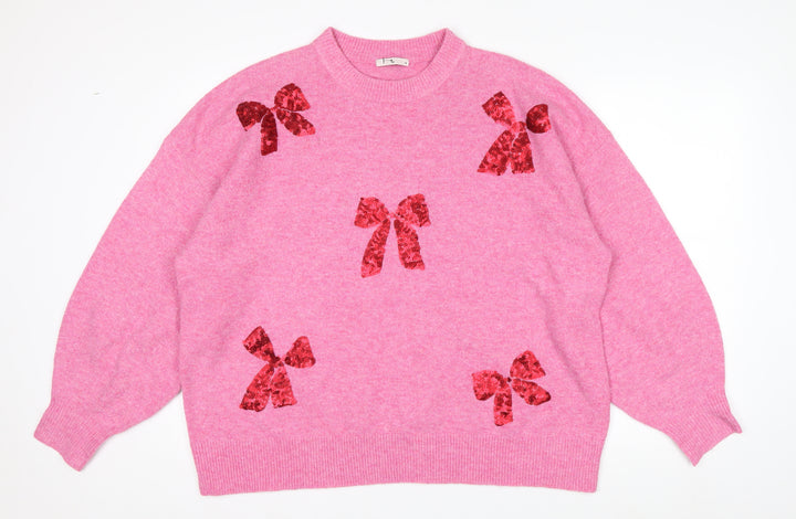 Tu Womens Pink Sequin Bow Knit Jumper Size 18 Crew Neck Pullover