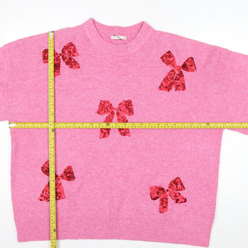 Tu Womens Pink Sequin Bow Knit Jumper Size 18 Crew Neck Pullover