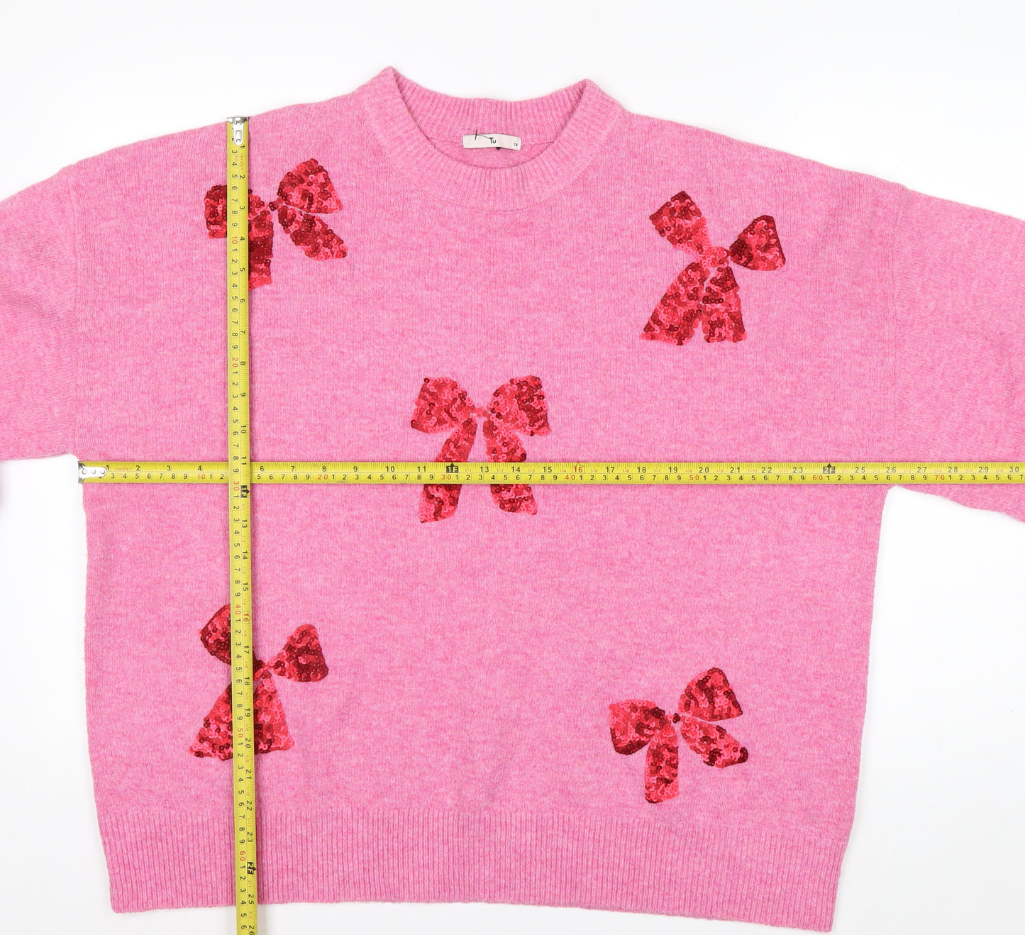 Tu Womens Pink Sequin Bow Knit Jumper Size 18 Crew Neck Pullover
