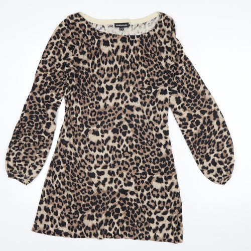 Warehouse Women Brown Leopard Print Long Sleeve Shift Dress UK 10