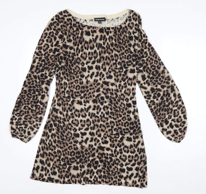 Warehouse Women Brown Leopard Print Long Sleeve Shift Dress UK 10