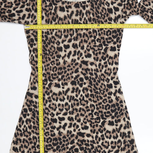 Warehouse Women Brown Leopard Print Long Sleeve Shift Dress UK 10