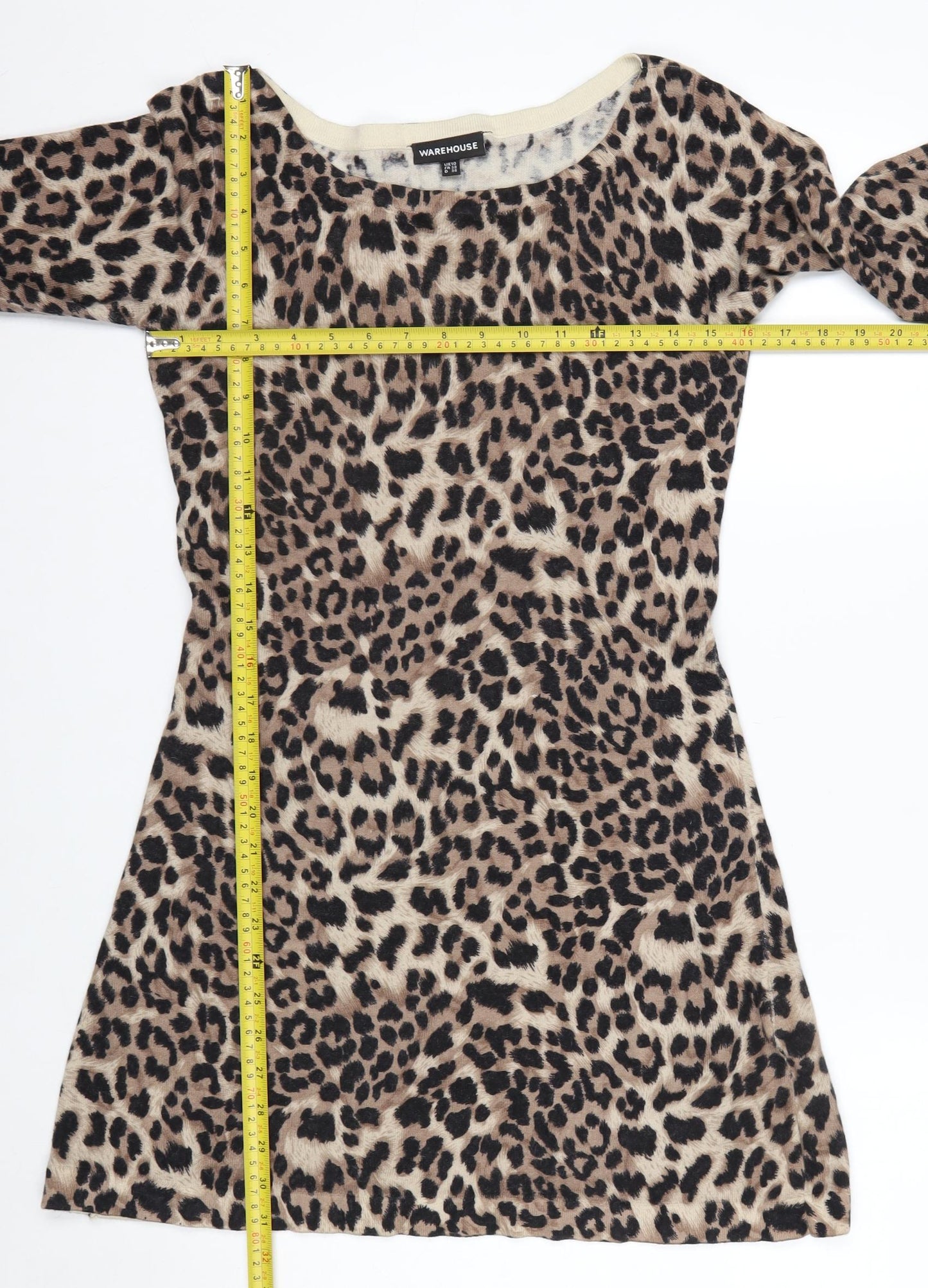 Warehouse Women Brown Leopard Print Long Sleeve Shift Dress UK 10