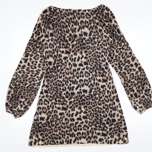 Warehouse Women Brown Leopard Print Long Sleeve Shift Dress UK 10