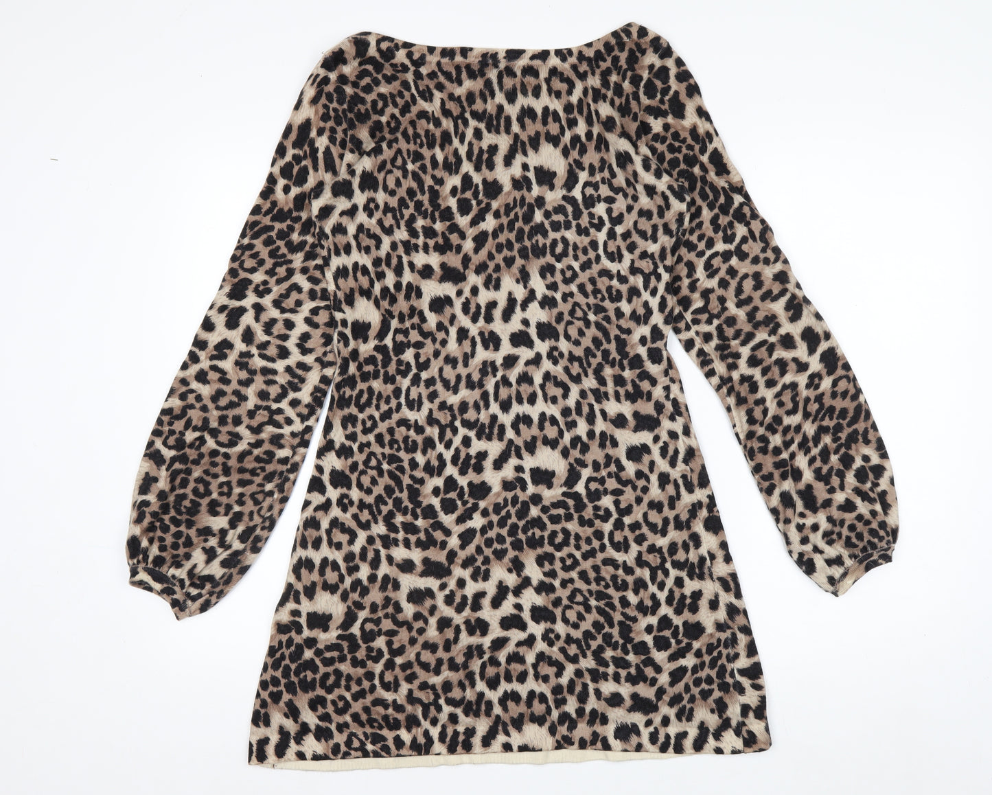Warehouse Women Brown Leopard Print Long Sleeve Shift Dress UK 10
