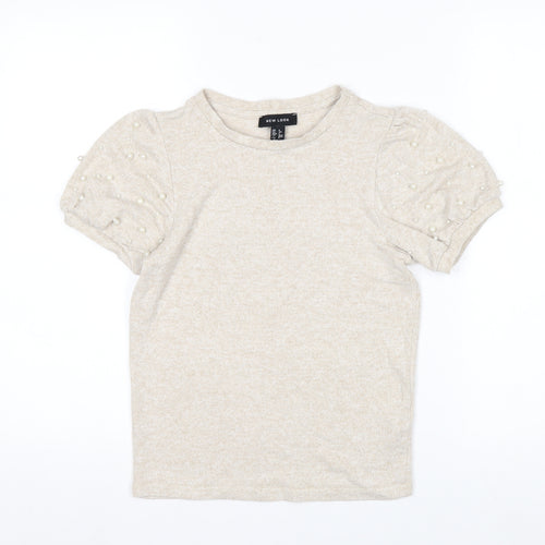 New Look Women’s Beige Beaded Puff Sleeve T-Shirt Size 6
