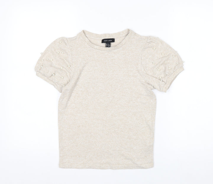 New Look Women’s Beige Beaded Puff Sleeve T-Shirt Size 6