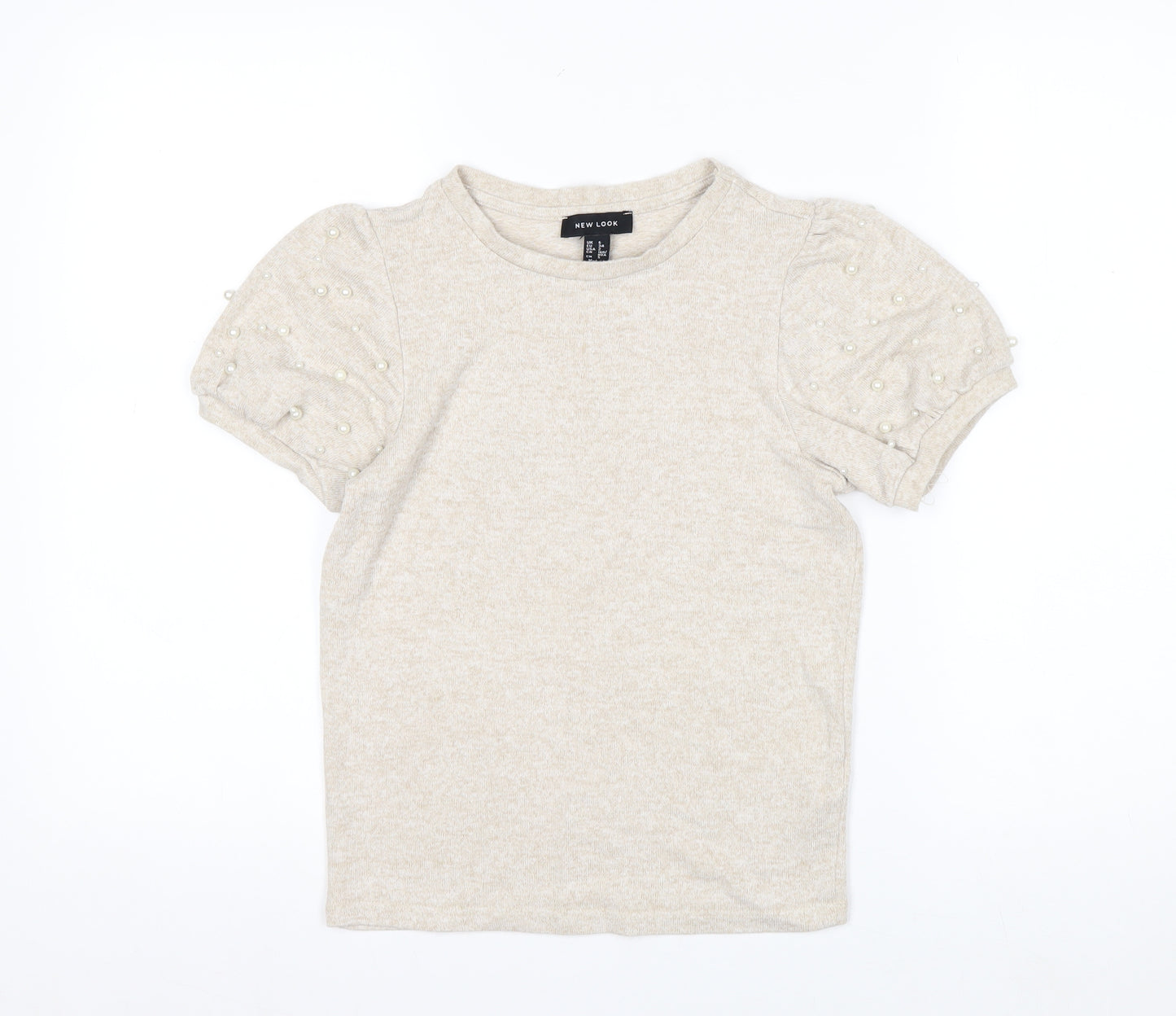 New Look Women’s Beige Beaded Puff Sleeve T-Shirt Size 6