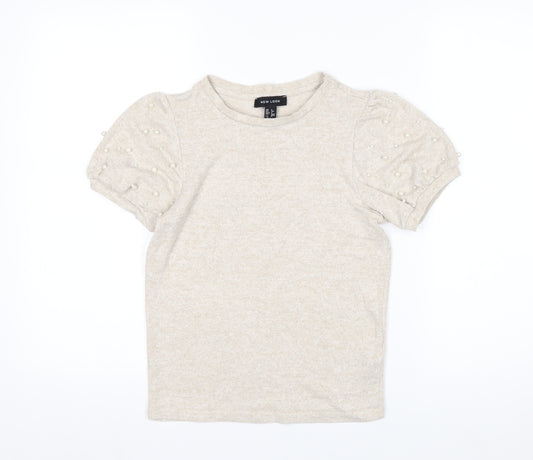 New Look Women’s Beige Beaded Puff Sleeve T-Shirt Size 6