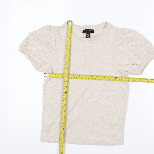 New Look Women’s Beige Beaded Puff Sleeve T-Shirt Size 6