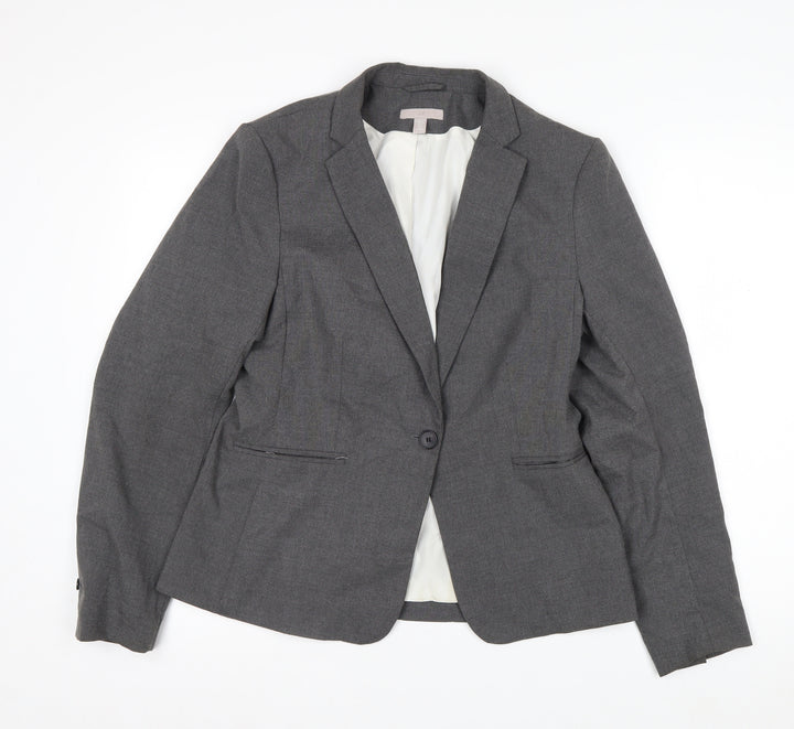 H&M Women Grey Single-Breasted Blazer Size 12 Classic Fit
