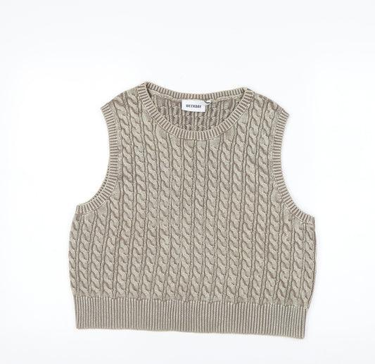 Weekday Women’s Beige Cable Knit Cropped Cotton Sleeveless Tank Top M