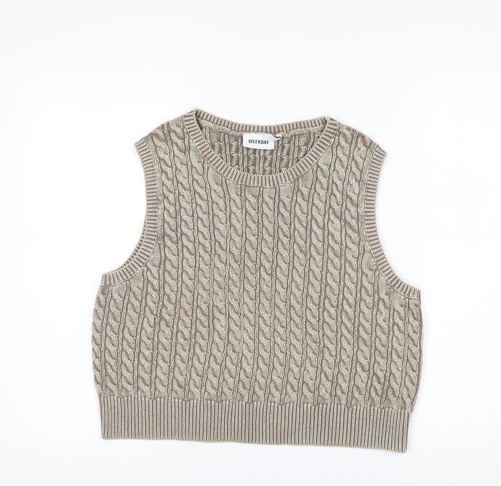 Weekday Women’s Beige Cable Knit Cropped Cotton Sleeveless Tank Top M