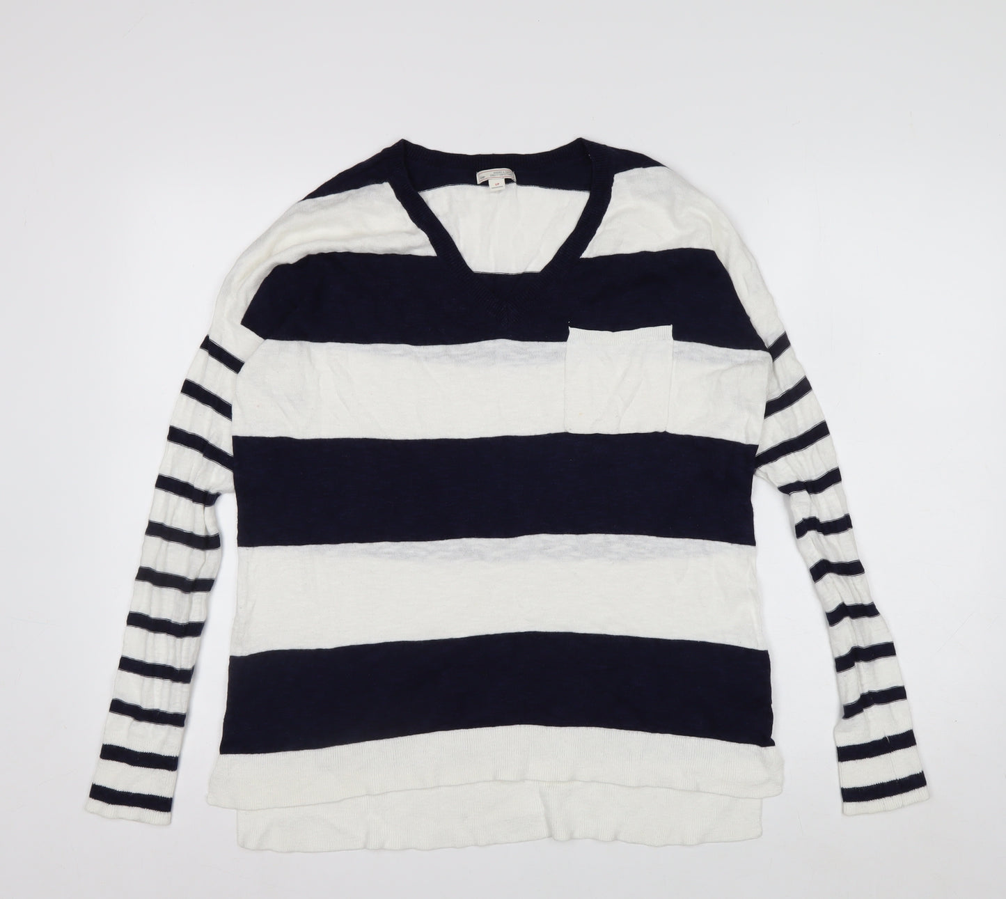 Gap Women’s Blue & White Striped V-Neck Cotton Jumper Size S