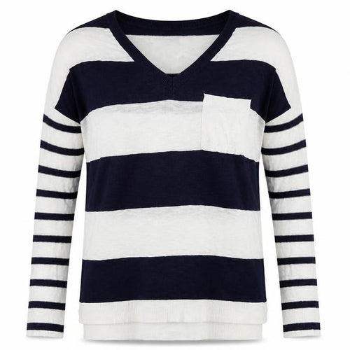 Gap Women’s Blue & White Striped V-Neck Cotton Jumper Size S