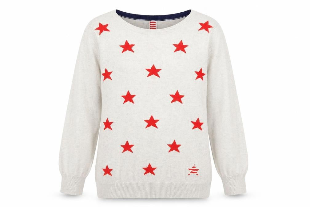 Front view of Oasis women’s beige red star crew neck knit jumper, size M
