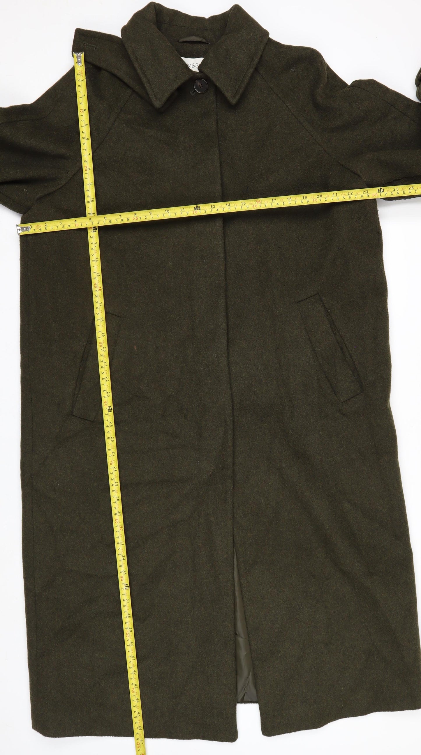 Marks and Spencer Women’s Green Wool Blend Long Overcoat Size 14