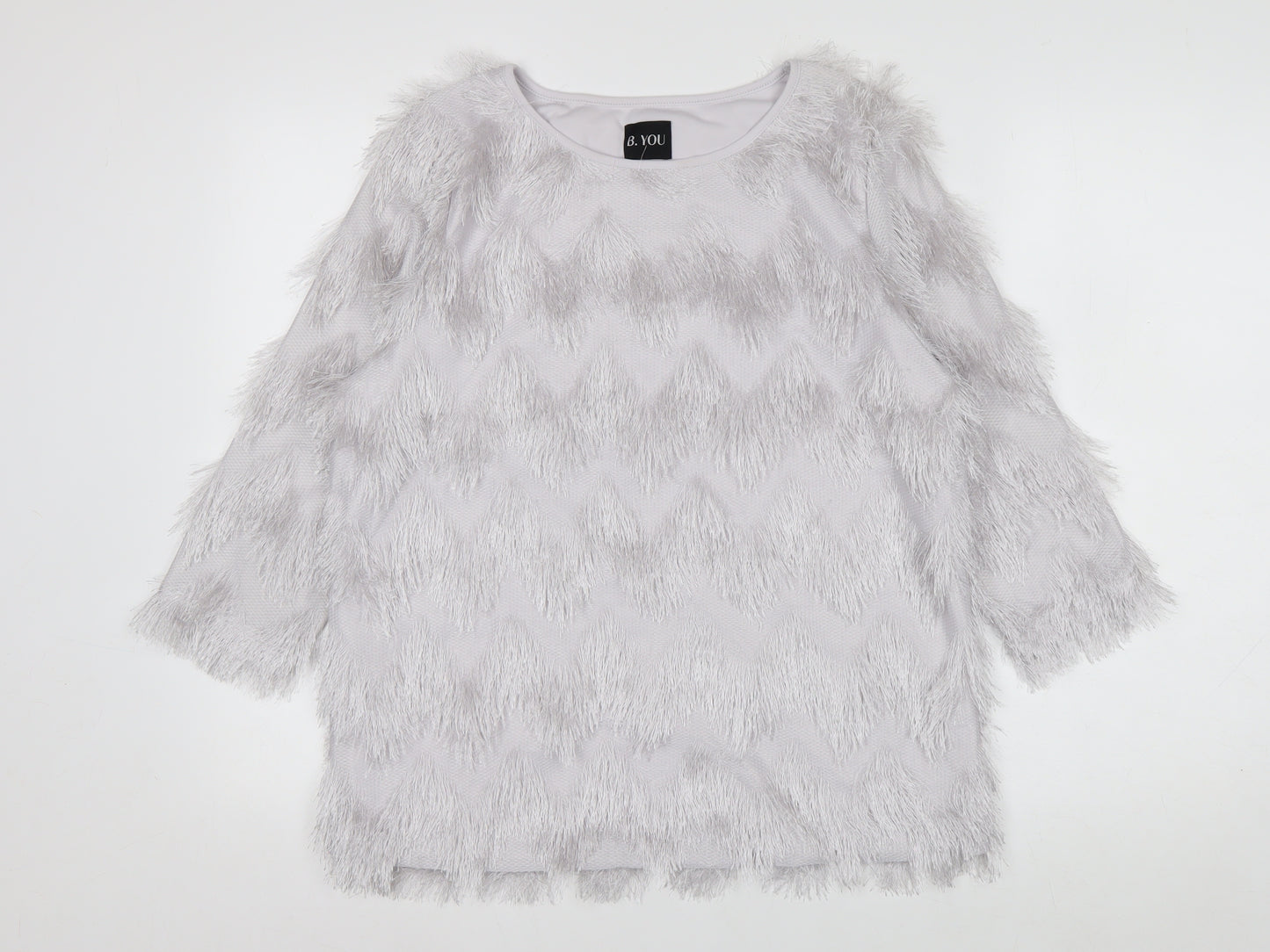 B.YOU Women’s Grey Faux Fur Trim 3/4 Sleeve Blouse Size 12