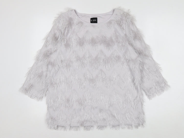 B.YOU Women’s Grey Faux Fur Trim 3/4 Sleeve Blouse Size 12