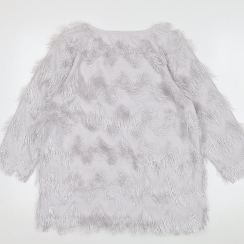 B.YOU Women’s Grey Faux Fur Trim 3/4 Sleeve Blouse Size 12