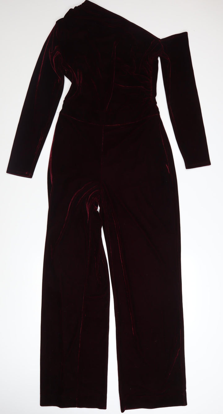 Reiss Womens Burgundy Velvet One Shoulder Jumpsuit UK 10