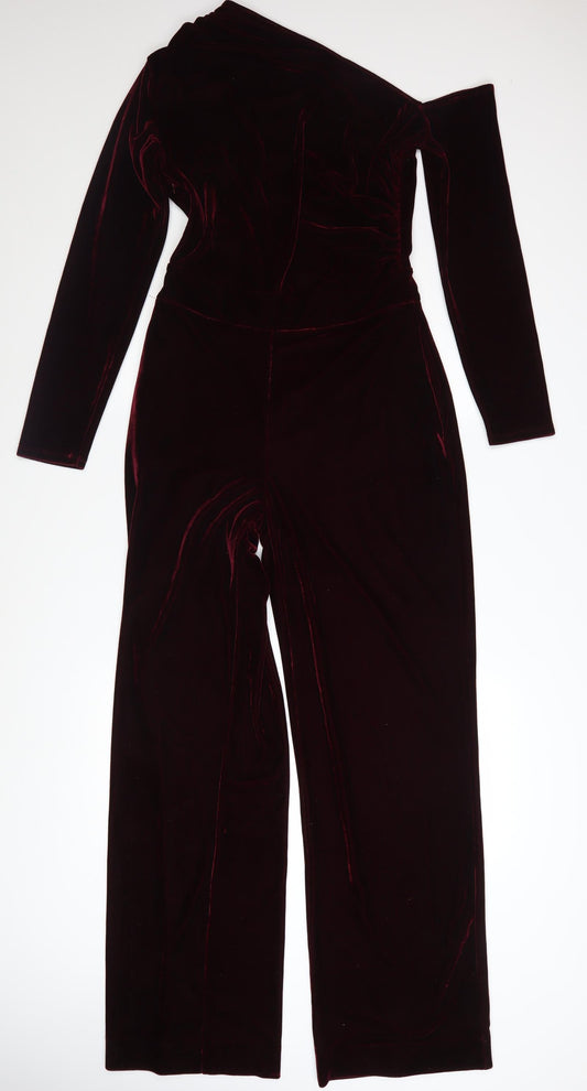 Reiss Womens Burgundy Velvet One Shoulder Jumpsuit UK 10