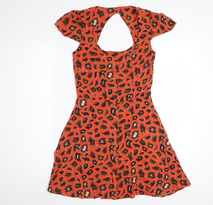 Topshop Women's Red Leopard Print A-Line Cut Out Dress Size 6