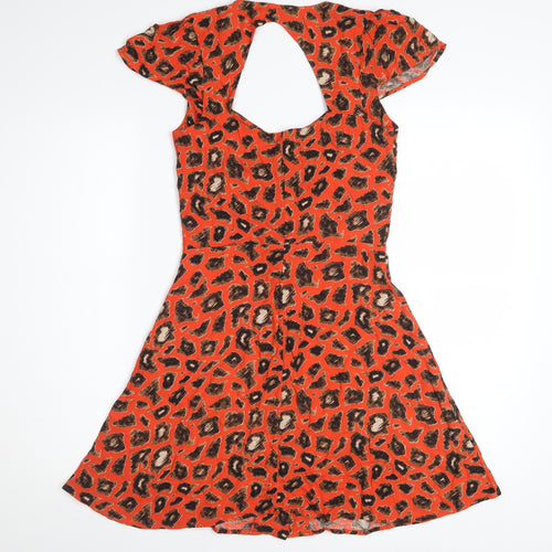 Topshop Women's Red Leopard Print A-Line Cut Out Dress Size 6