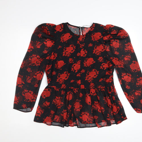 Zara Women Black Red Floral Tunic Blouse Size S Puff Sleeve